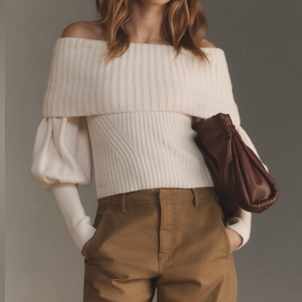 🟠NWT ANTHROPOLOGIE Tessa Off-The-Shoulder Puff-Sleeve Sweater in Ivory XL